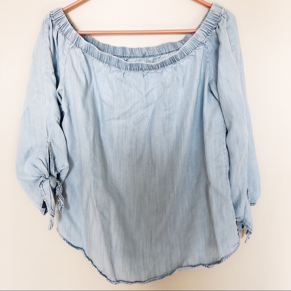 Tops - Chambray Off Shoulder Top with Bell Sleeves
